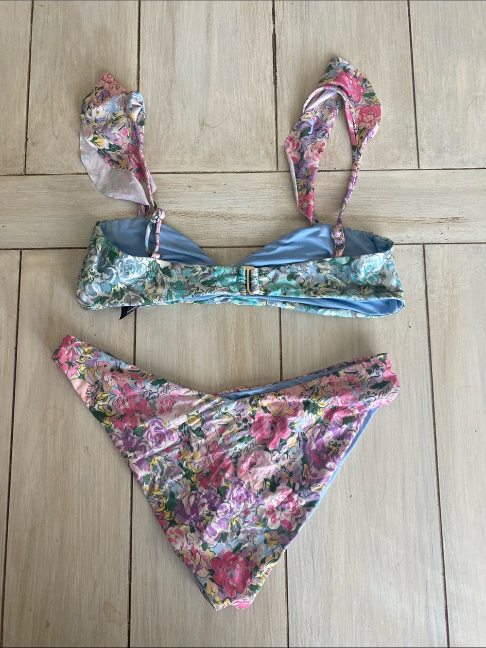 Beach Riot Pink Blue Purple Floral Ruffle Bikini Set Small - Picture 8 of 10